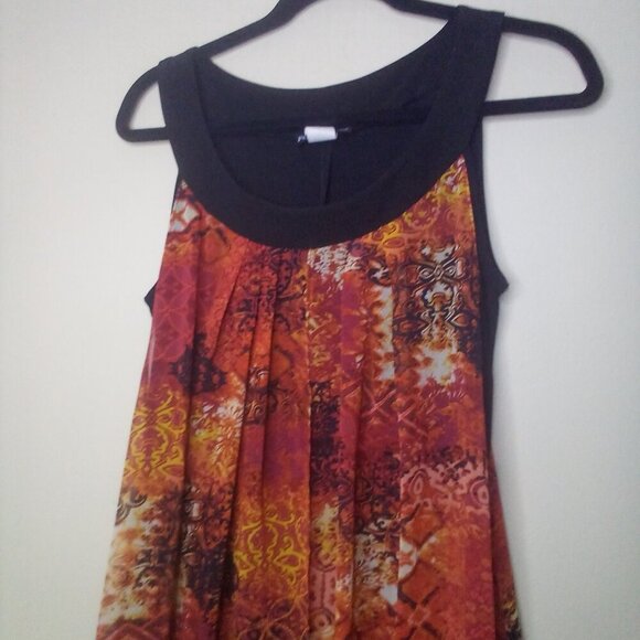 Rodan Dress Women M Sleeveless Open Front Flowing Black Orange Red - Picture 13 of 15